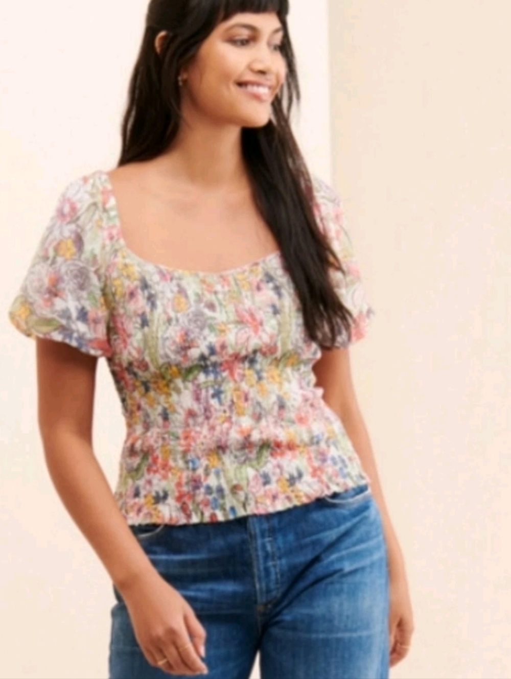 Anthro Multicolored Floral Smocked Top Puff Sleeves Summer Bright Casual XL